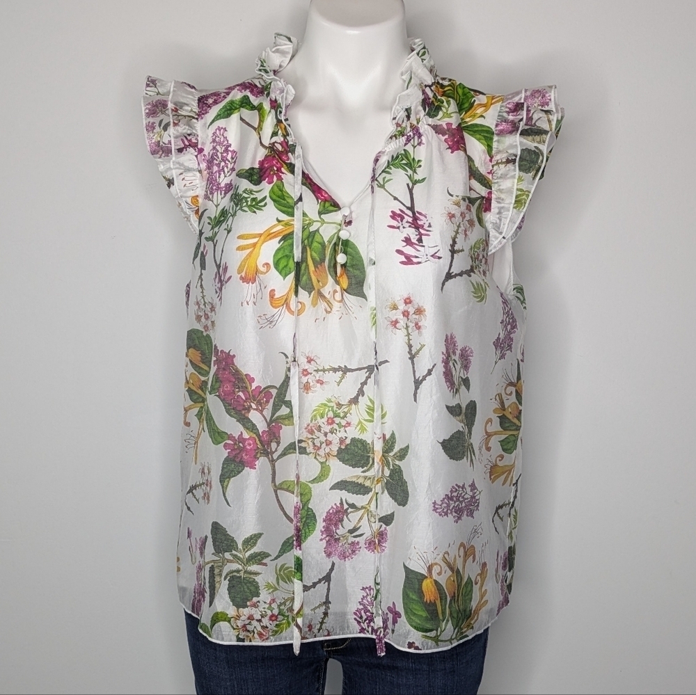 Bailey 44 White Purple Floral Ruffle Tie Neck Blouse L